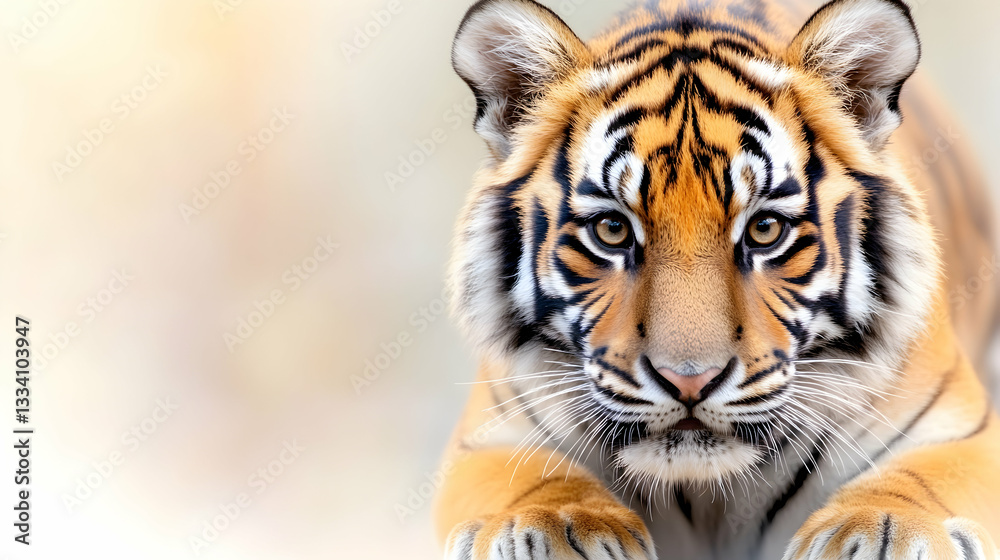 Naklejka premium Close-up of a young tiger, intently looking at the camera against a soft, blurred background