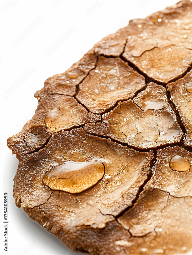 Obraz premium Close-up of cracked, brown surface with water droplets