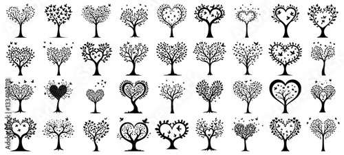 Heart tree silhouette collection featuring love-themed arbor designs with birds and foliage for wedding invitations, family trees, and romantic designs