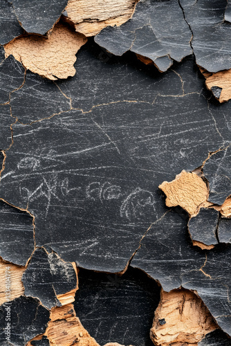 Close-up of weathered, dark surface with peeling paint revealing scratched markings underneath