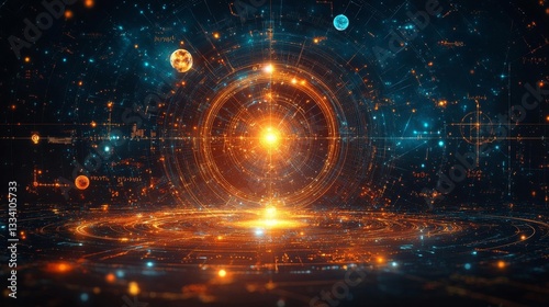 Astrological Chart with Planets and Glowing Central Star. Generative AI
