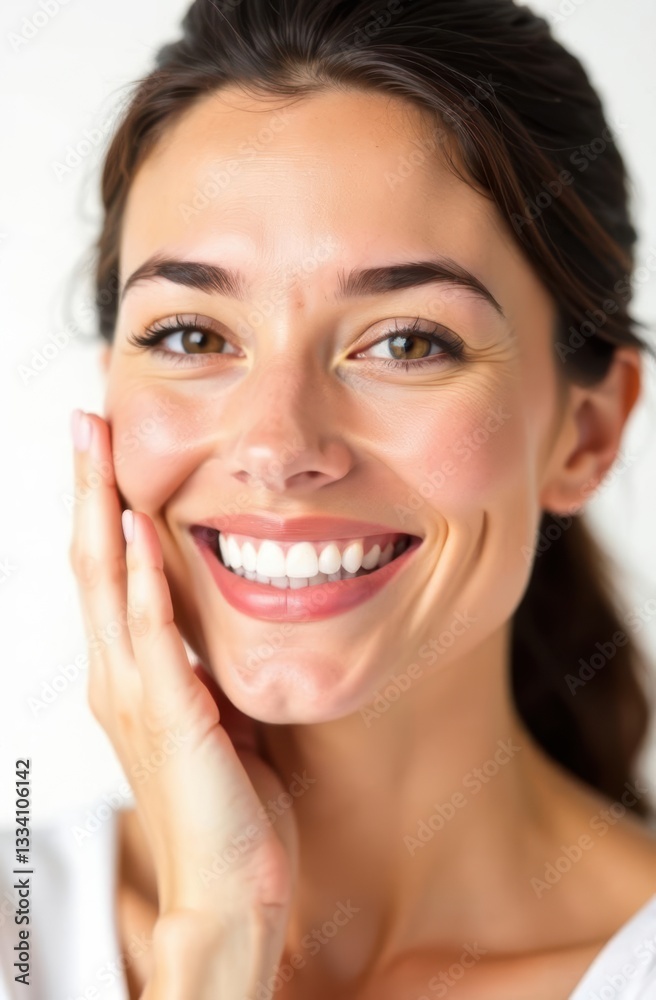 Beautiful smiling woman touching her face with hand Beautiful smiling woman touching her face with hand