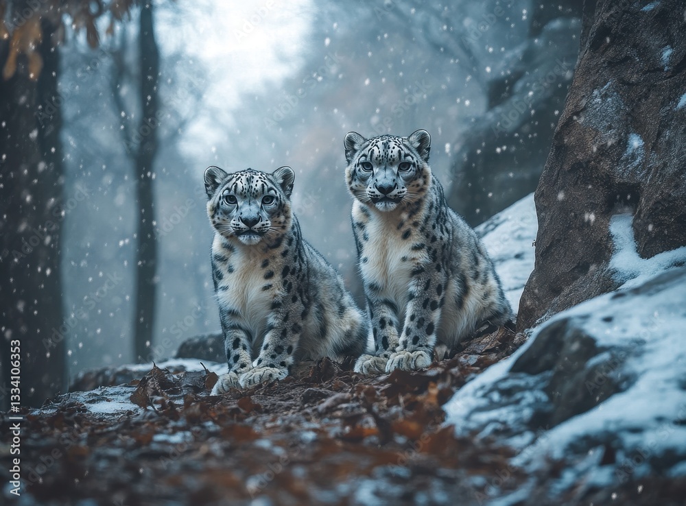 Fototapeta premium Two majestic snow leopards sitting on rocky terrain amidst falling snowflakes in a tranquil winter forest setting