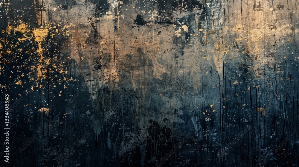Obraz premium Striking black wall bursts with golden splatters. A bold contrast creates a dynamic, textured surface