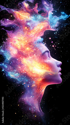 Cosmic energy enveloping a woman's profile, vibrant nebulae and stardust