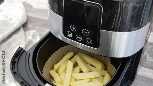 Cooking French fries in an air fryer without oil..Paper for air fryer.