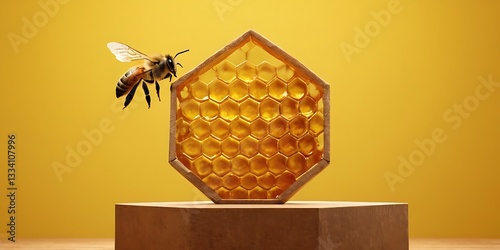 Honeycomb Podium with Bee in Vibrant Yellow,display, minimalist, vibrant, bee, honey, honeycomb, decorative, design, nature, yellow, background, dais, advertising,15