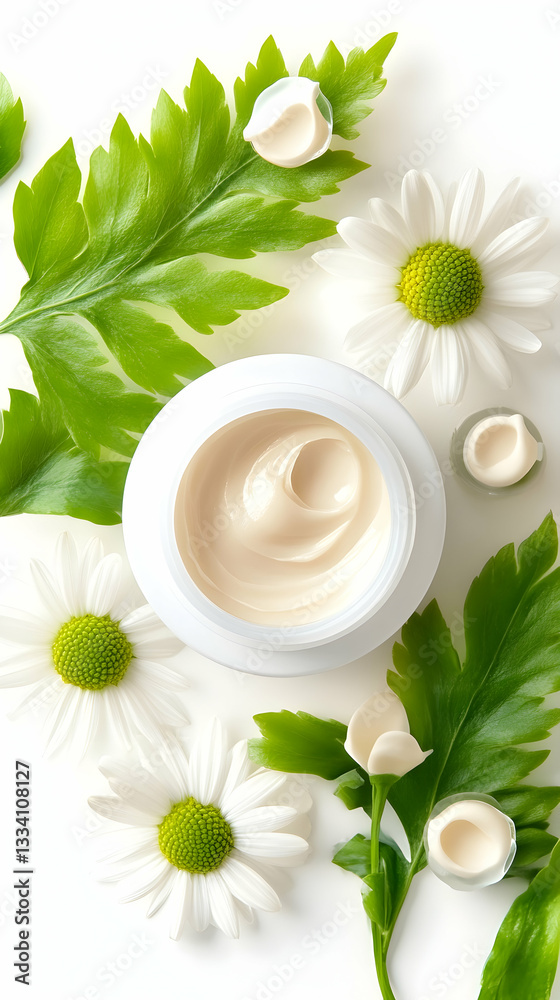 Creamy moisturizer in jar with daisies and ferns Creamy moisturizer in jar with daisies and ferns