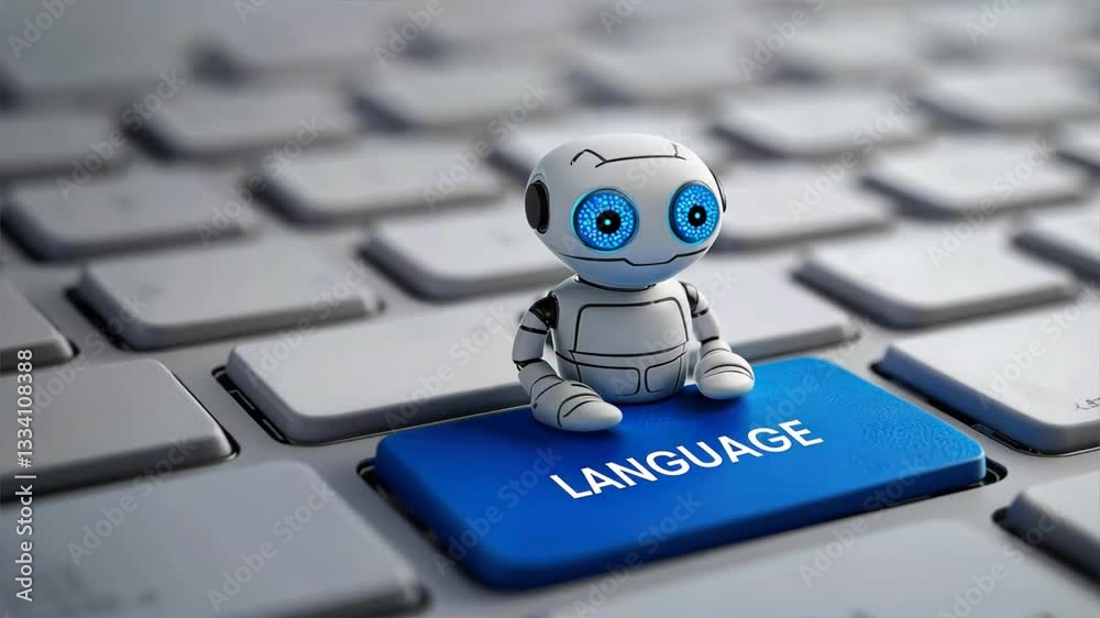 AI chatbot on a keyboard with a blue button and text Language, language learning, language training