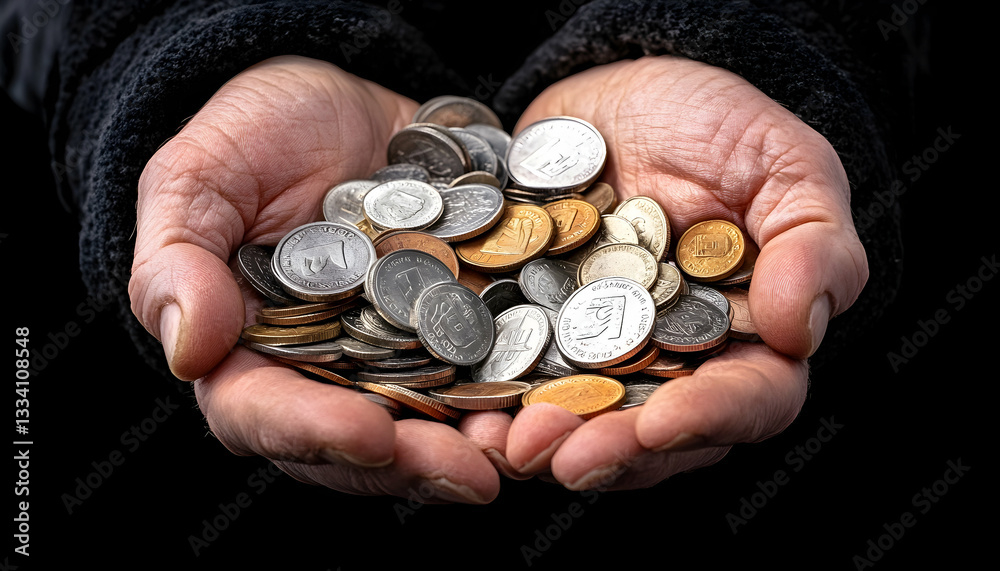 Cupped hands overflowing with various coins Cupped hands overflowing with various coins