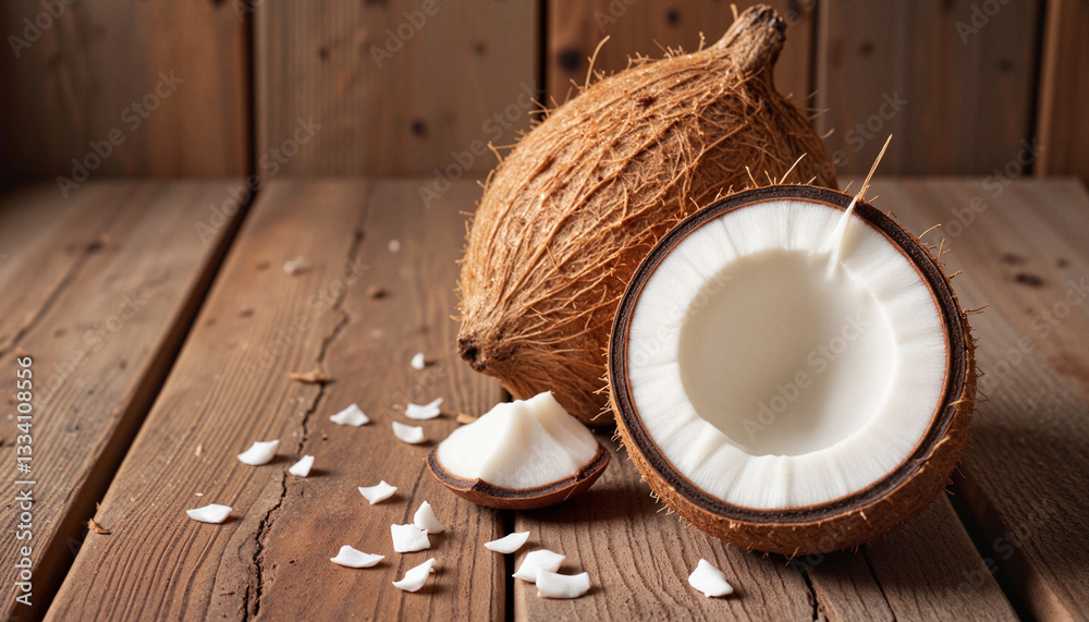 Coconut halves with creamy interiors on rustic wooden background