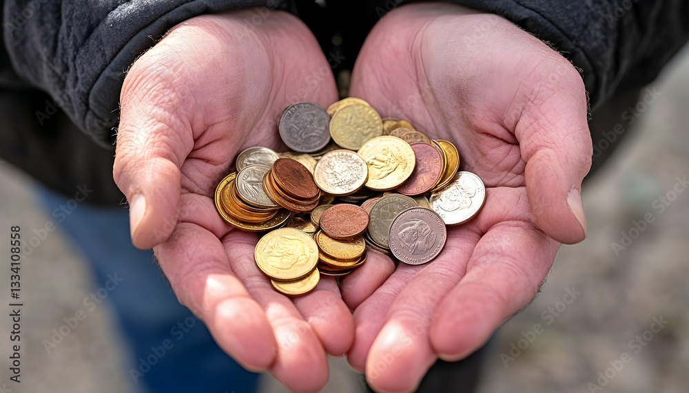 Cupped hands holding a small pile of various coins Cupped hands holding a small pile of various coins