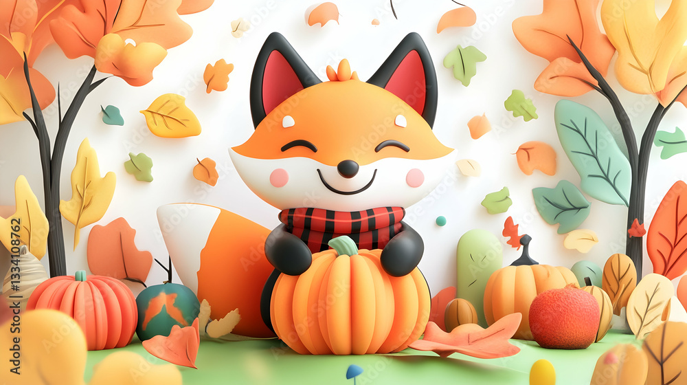 Fototapeta premium Cute cartoon fox holding pumpkin amidst autumn leaves and pumpkins