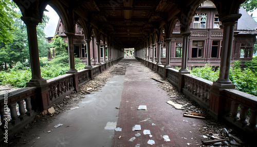 Decaying covered walkway in an abandoned mansion