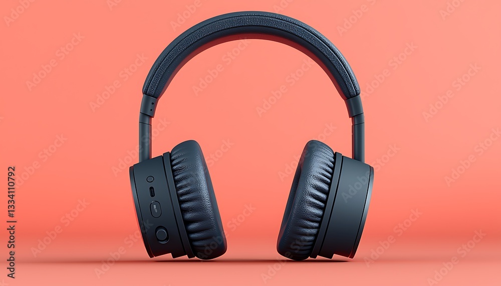 Fototapeta premium A pair of dark blue headphones sitting on a peach background