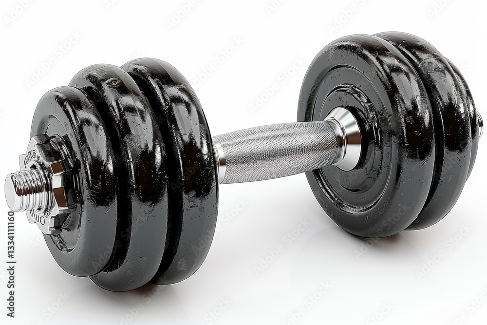 Naklejka premium A Shiny Black Dumbbell Resting on a Clean White Surface Reflecting Light and Showing its Knurled Handle and Plates