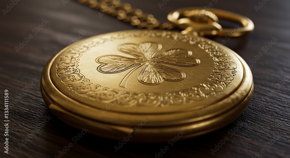 Close up of golden st patrick's day pocket watch with clover for timekeeping and luck Close up of golden st patrick's day pocket watch with clover for timekeeping and luck