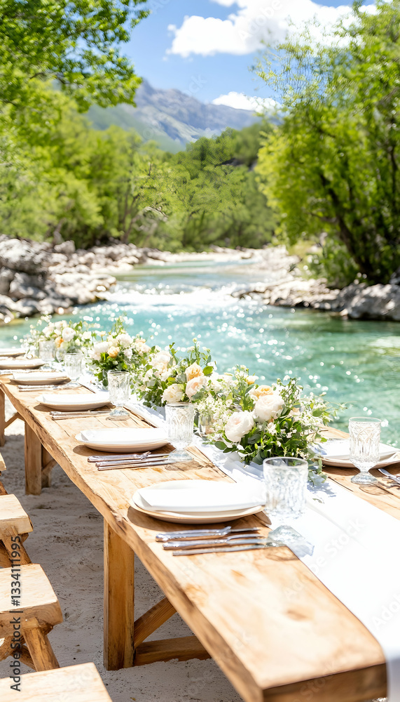 Obraz premium Elegant outdoor wedding reception table beside a river