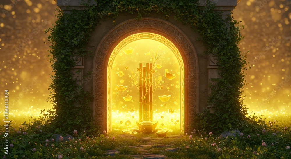 Fototapeta premium Golden portal to wealth abundance and prosperity with bamboo and gold ingots art