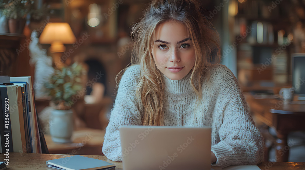 Thoughtful Caucasian female business professional working on a laptop at a modern office desk Thoughtful Caucasian female business professional working on a laptop at a modern office desk