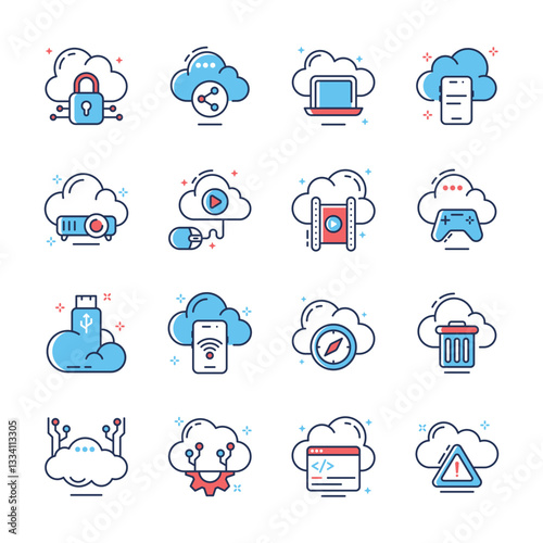 Check out premium bundle of cloud technology and backup line icons  