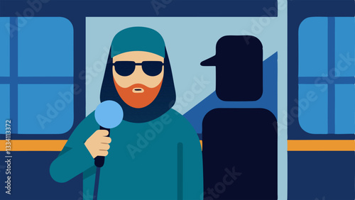 Public Transport An undercover agent on a bus stands near the back wearing sunglasses and casual attire. The hidden microphone is concealed under their scarf capturing the chatter