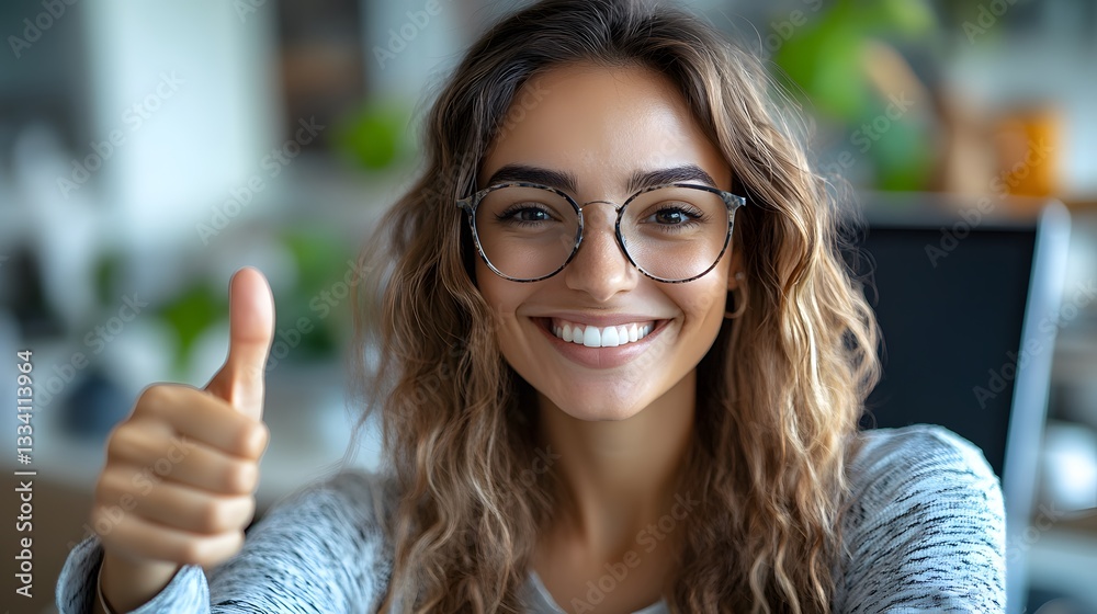Cheerful female executive making thumbs up sign while sitting at office desk Cheerful female executive making thumbs up sign while sitting at office desk