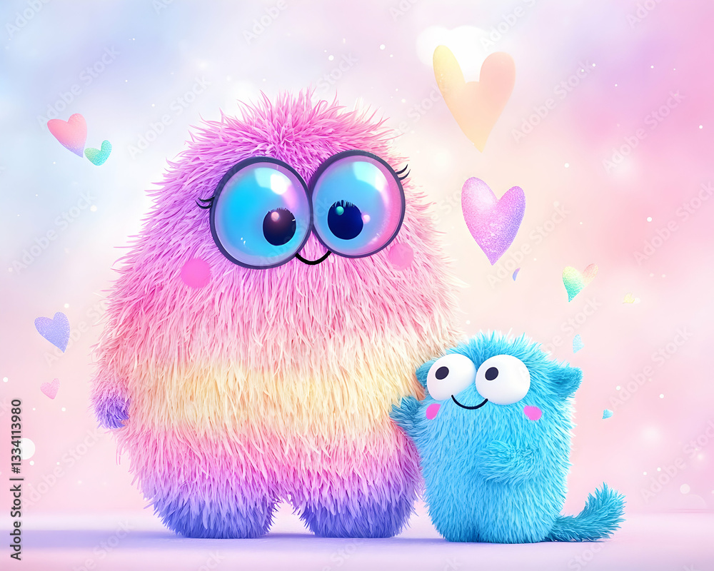 Obraz premium Fluffy pastel creatures, hearts, friendship