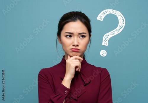 An asian woman with confused expression and a large white question mark is drawn beside, wearing red cloth 04
