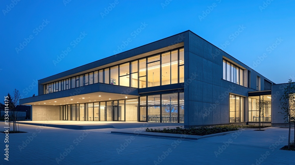 Obraz premium Modern concrete hall with glowing windows, embodying simplicity and clean minimalism in architectural design. 