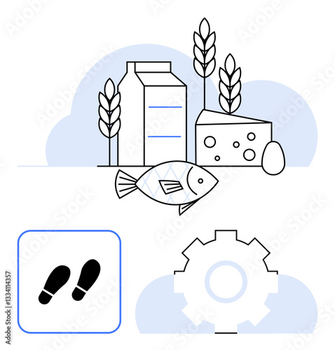 Dairy carton, cheese, fish, grains, and egg alongside a gear and footprint icon. Ideal for sustainability, food sourcing, eco-friendly practices, agriculture renewable energy production efficiency