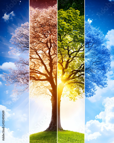 Four seasons depicted on a single tree, showcasing spring, summer, autumn, and winter