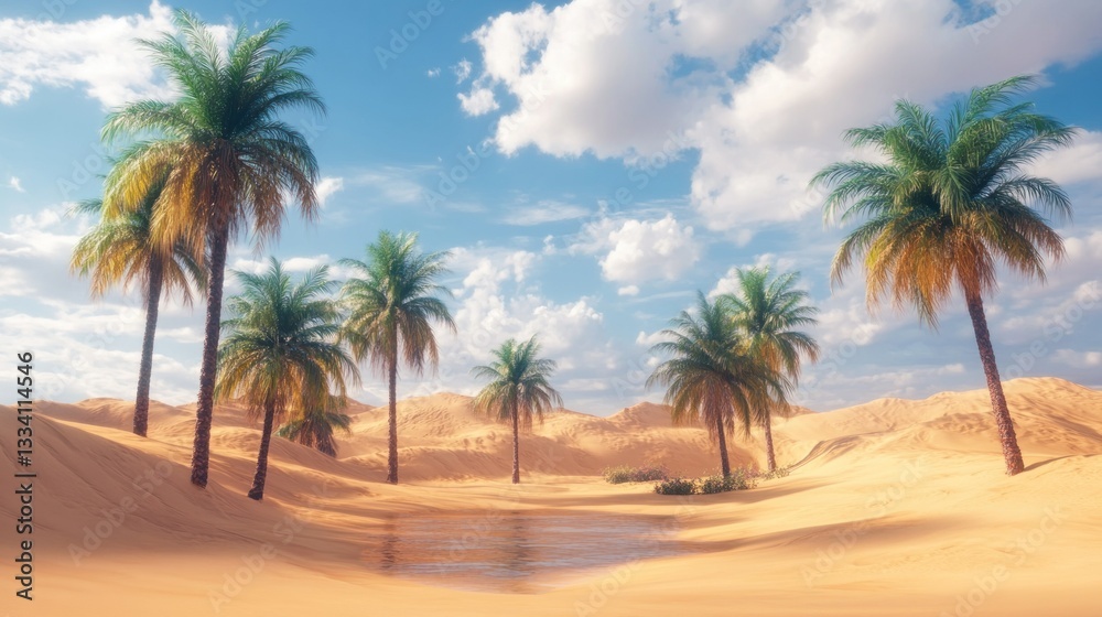 Palm trees surround an oasis with clear water and a blue sky Palm trees surround an oasis with clear water and a blue sky