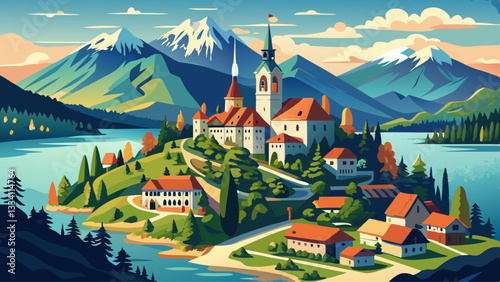 Bled, Slovenia - Aerial panoramic view of beautiful Bled Castle (Blejski Grad) with Lake Bled (Blejsko Jezero), the Church of the Assumption of Maria and Julian Alps at background on a summer 