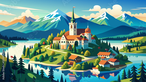 Bled, Slovenia - Aerial panoramic view of beautiful Bled Castle (Blejski Grad) with Lake Bled (Blejsko Jezero), the Church of the Assumption of Maria and Julian Alps at background on a summer 