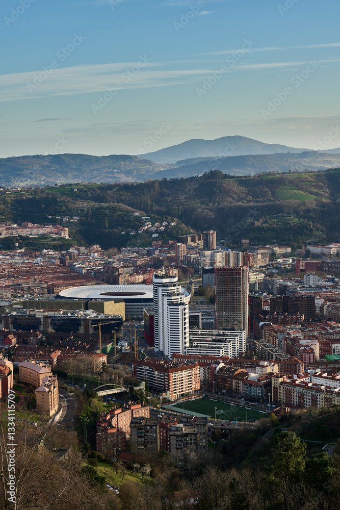 Fototapeta premium Vertical view of the skyscrapers and san mames football club of Bilbao
