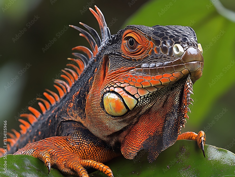Obraz premium A vibrant red and black iguana rests peacefully outdoors