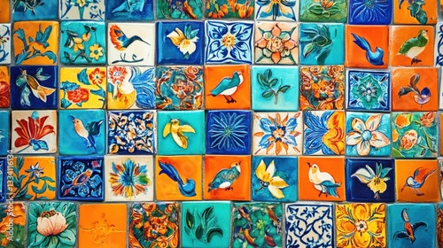 Colorful Floral and Bird Tile Mural with Vibrant Patterns and Designs