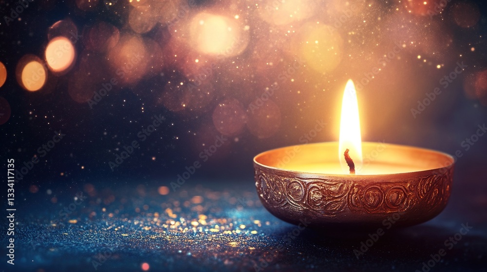 single lit candle on an elegant, shimmering background with soft bokeh lights creates a magical and warm atmosphere for the Hindu festival of Diwali, blurred dark blue background single lit candle on an elegant, shimmering background with soft bokeh lights creates a magical and warm atmosphere for the Hindu festival of Diwali, blurred dark blue background