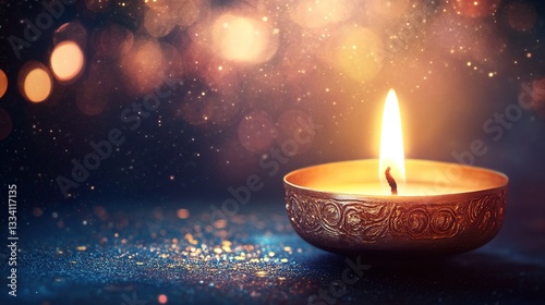 single lit candle on an elegant, shimmering background with soft bokeh lights creates a magical and warm atmosphere for the Hindu festival of Diwali, blurred dark blue background