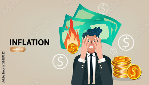 Businessman stressed by inflation, not enough money to pay debts, abstract image of money burning. modern vector, flat and illustration.