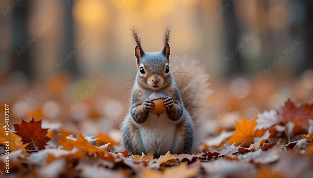 Fototapeta premium Cute squirrel holding an acorn, sitting among colorful fallen leaves in an autumn forest, captured with shallow depth of field in a wildlife photography style.