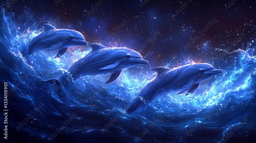 Obraz premium A pod of dolphins swimming in a beautiful deep blue ocean under a starry sky. Generative AI