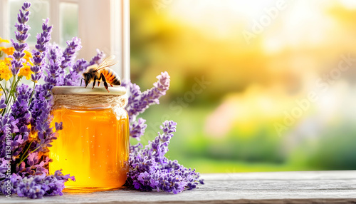 Honey jar with lavender and bee on rustic windowsill, sunny background