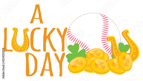 A lucky day - Happy St. Patrick's Day - baseball ball, gold coins, horseshoe, shamrock,, - lucky vector graphics - sport	