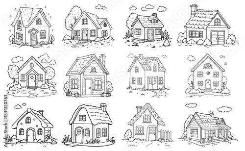 Cozy house line drawing collection featuring charming cottage and home illustrations for coloring books, children's stories, and architectural doodles