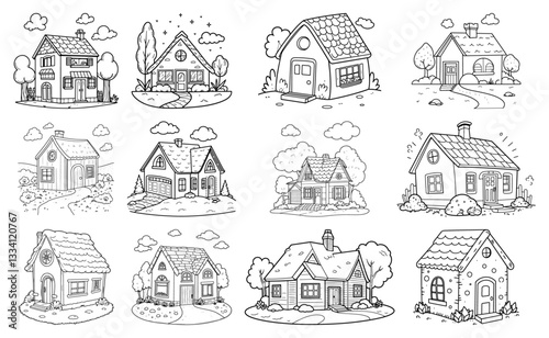 Cozy house line drawing collection featuring charming cottage and home illustrations for coloring books, children's stories, and architectural doodles