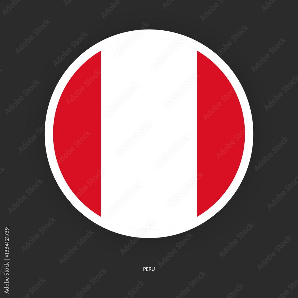 Peru circle flag icon with shadow on dark background. Peru button icon with white border isolated dark grey background Peru circle flag icon with shadow on dark background. Peru button icon with white border isolated dark grey background