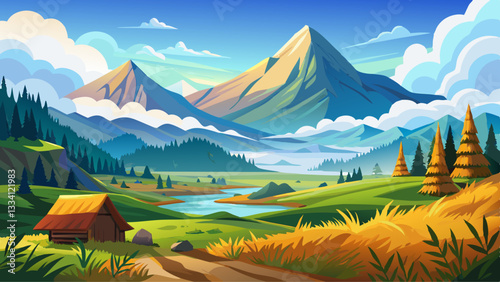 Amazing mountain landscape with fog and a haystack