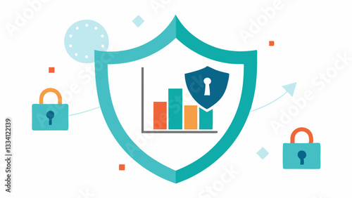 Economic Stability Shield A shield with symbols of stability a lock a graph stabilizing and a central bank icon in the center symbolizing protection against economic volatility.
